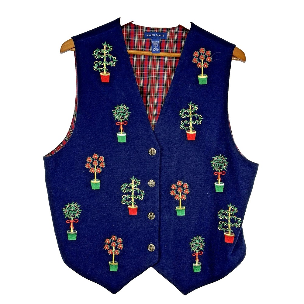 Karen Scott Holiday Vest Size XL Embroidery Topiary Christmas Winter Teacher
